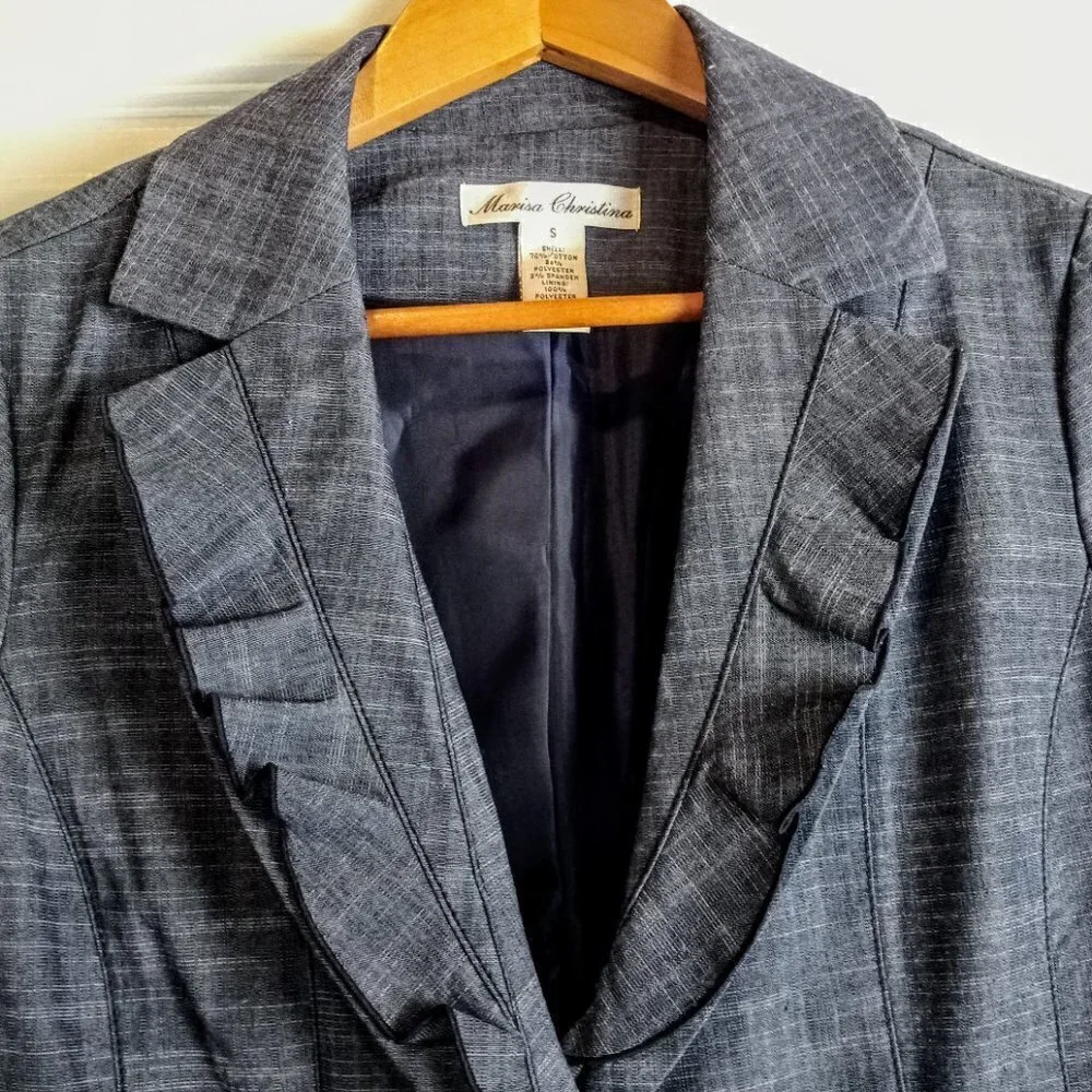 Marisa Christina Denim Blue Ruffle Collar Cotton Jacket